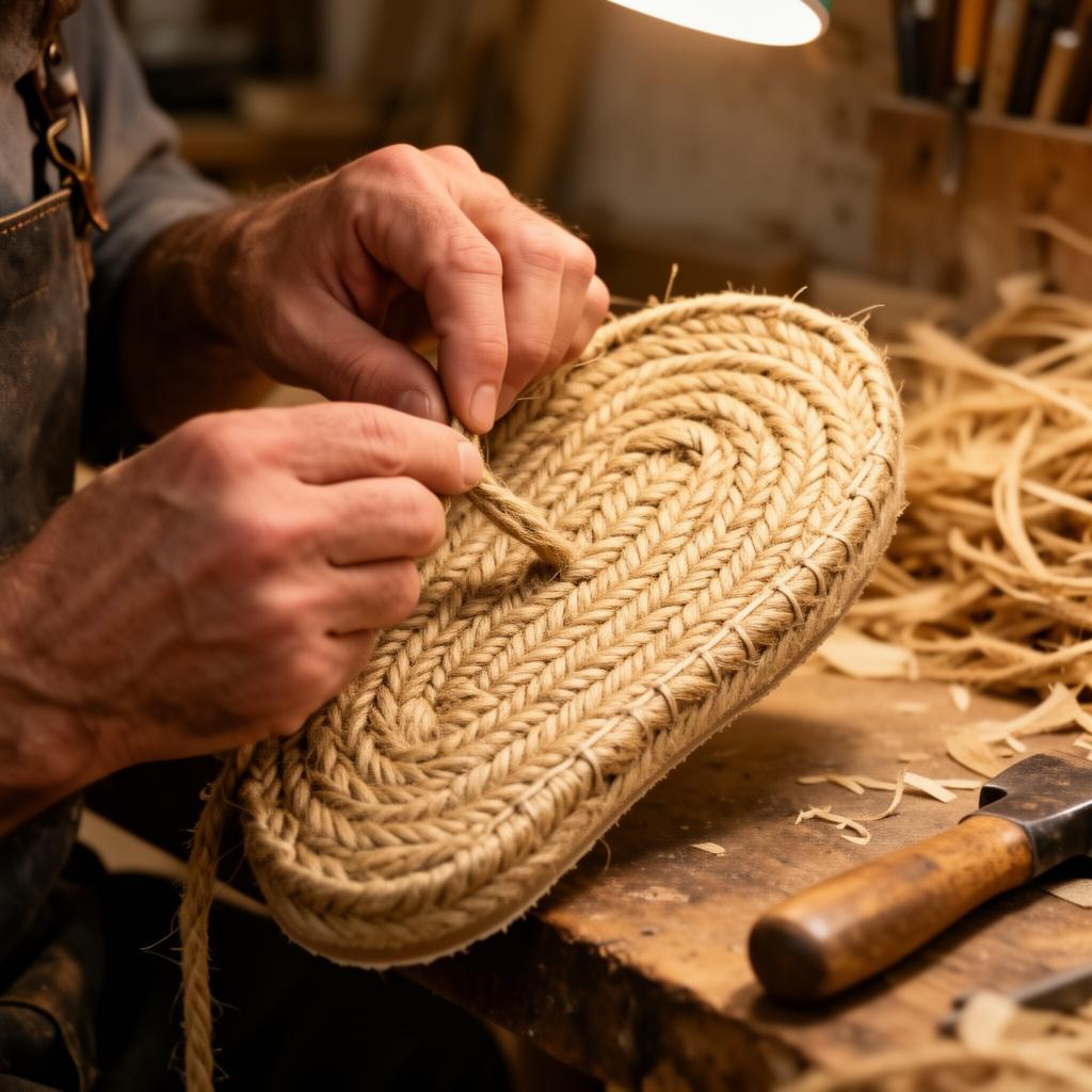 Tressage de la semelle en jute, premier geste de l'espadrille de Mauléon